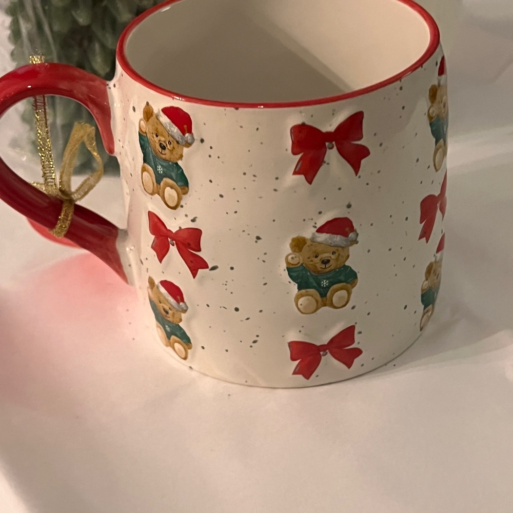 Christmas Holiday Teddy Bear Mug with Red and Green Accents